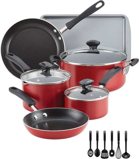 Farberware Cookstart DiamondMax Nonstick Cookware/Pots and Pans Set, Dishwasher Safe, Includes Baking Pan and Cooking Tools, 15 Piece - Red