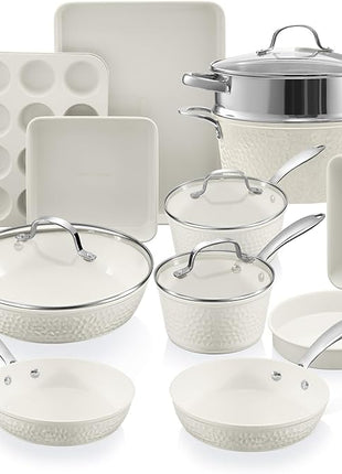Gotham Steel Hammered 15Pcs Ceramic Cookware Set Nonstick, Induction Pots and Pans Set Non Stick with Bakeware Set & Steamer for Cooking, Non Toxic PFOA PFOS Free, Oven & Dishwasher Safe, Cream White