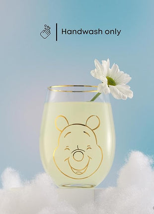 JoyJolt Disney Winnie the Pooh Gold Sketch Stemless Drinking Glasses Set of 4, 19oz Glass Cups ft Pooh Bear Tigger Piglet Eeyore, Disney Kitchen Glassware Set, Winnie the Pooh Adult Gifts