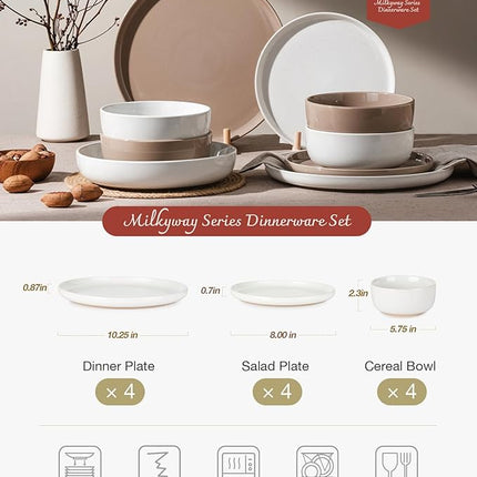 Famiware Milkyway Plates and Bowls Sets, 12 Pieces Stoneware Dinnerware Sets, Dishes Set for 4, White & Cinnamon Brown