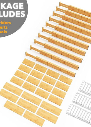 SpaceAid Bamboo Drawer Dividers with Inserts and Labels, Kitchen Adjustable Drawer Organizers, Expandable Organization for Home, Office, Dressers, 10 Dividers with 24 Inserts (17"-22" Natural)