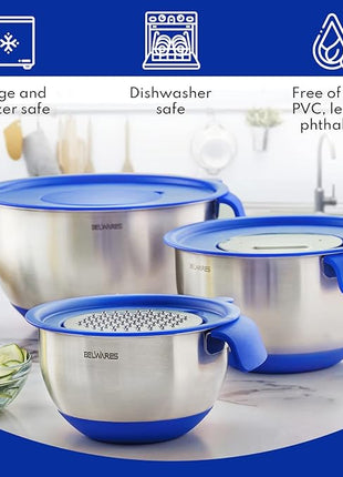 Belwares Mixing Bowls with Lids Set - Nesting Bowls with Graters, Handle, Pour Spout, Airtight Lids - Stainless Steel Non-Slip Mixing Bowl for Cooking, Baking, Prepping, Food Storage (Set of 3)