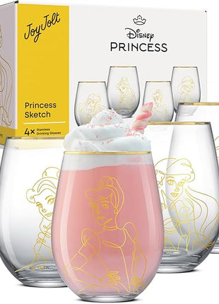 JoyJolt Disney Princess Sketch Stemless Drinking Glasses, 19oz Glass Cups ft Princess Jasmine Ariel Belle Cinderella, Disney Princess Kitchen Glassware Set of 4, Disney Gifts for Adults