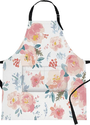 Britimes Apron Home Kitchen Cooking Baking Gardening for Women Men With Pockets Romantic Floral Flower Rose Pink 32x28 inch