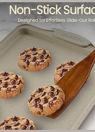 BAKKEN Cookie Sheets for Baking Nonstick Set - 3-Piece Stackable Carbon Steel Baking Sheet Pans Set with Silicone Handles, Non Toxic Cookie Sheets for Baking Bakeware Set - White Marble
