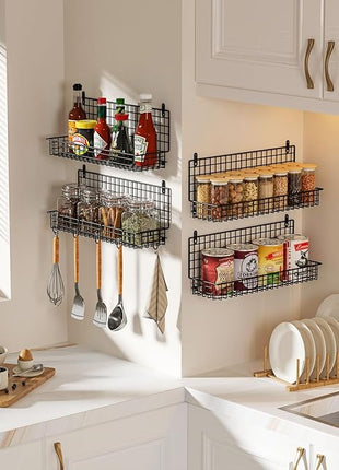 X-cosrack Upgraded Spice Rack Organizer - Wall Mounted Large 4-Tier Stackable Spice Storage with 5 Hooks, Holds 80 Jars, for Kitchen Pantry Organization (Patent:D909138S)