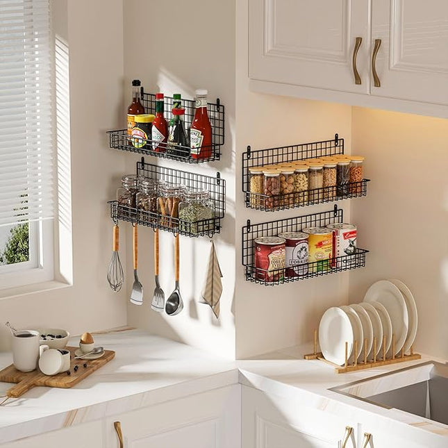 X-cosrack Upgraded Spice Rack Organizer - Wall Mounted Large 4-Tier Stackable Spice Storage with 5 Hooks, Holds 80 Jars, for Kitchen Pantry Organization (Patent:D909138S)