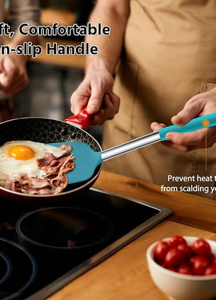 Silicone Spatula Set of 2, E-far Solid & Slotted Turner for Nonstick Cookware, Heat Resistant Rubber Kitchen Cooking Utensils for Flipping Fish Pancake Egg - Teal Blue