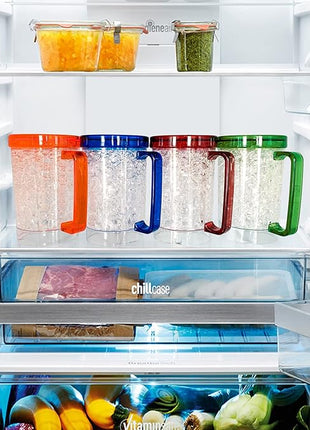 Double Wall Gel Frosty Freezer Ice Mugs Clear 16oz Set of 4 (Blue, Red, Orange and Green)
