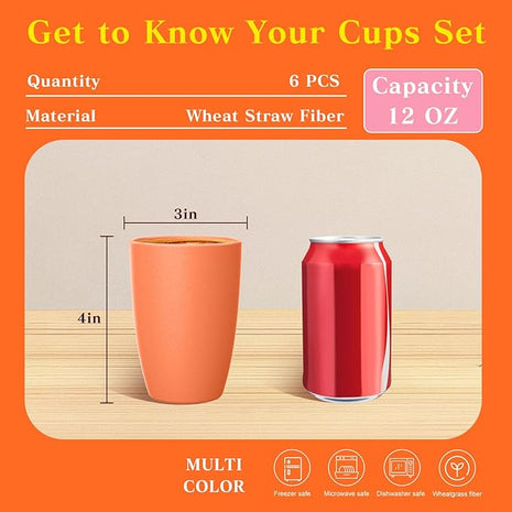 Homienly Wheat Straw Cups, Alternatives to Plastic Cups Reusable Set of 6, Unbreakable Drinking Cup Water Tumblers for Kitchen,Camping, Party, Dishwasher Safe Drinking Glasses Set(12 OZ, Colorful)