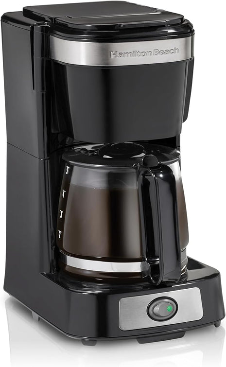 Hamilton Beach 5 Cup Drip Coffee Maker with Easy FrontFill Basket, Compact Design, Works with Smart Plugs, Glass Carafe, Auto Pause and Pour, Black & Stainless Steel (46112)
