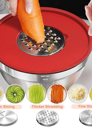 Umite Chef Mixing Bowls with Airtight Lids Set, 8PCS Stainless Steel Nesting Bowls Set, 3 Grater Attachments & Non-Slip Bottoms, Size 5, 4, 3.5, 2, 1.5QT for Baking & Mixing(Colorful)