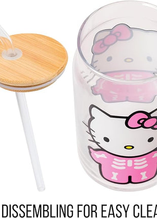 Silver Buffalo Sanrio Hello Kitty Halloween Spooky Skeleton Glass Jar Tumbler with Bamboo Lid and Glass Straw, 16 Ounces