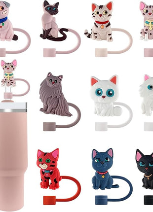 Velaco 10Pcs 0.4in/10mm Diameter Silicone Straw Covers Cap Compatible with Stanley 20 30&40 Oz Cup, Cute Cat Straw Toppers for Stanley 40 Oz Tumbler with Handle, Dust-Proof Straw Caps for Water Bottle