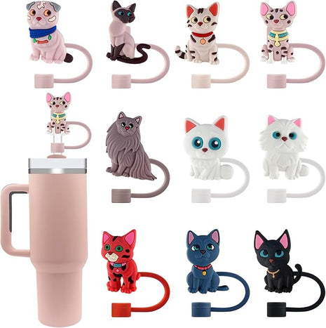 Velaco 10Pcs 0.4in/10mm Diameter Silicone Straw Covers Cap Compatible with Stanley 20 30&40 Oz Cup, Cute Cat Straw Toppers for Stanley 40 Oz Tumbler with Handle, Dust-Proof Straw Caps for Water Bottle