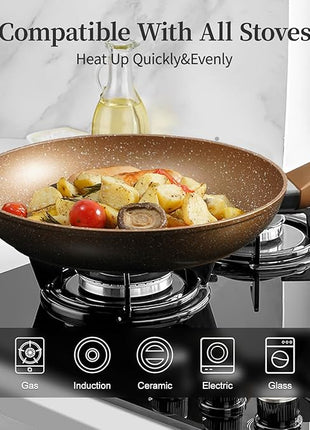 Innwewell Non Stick Frying Pan - Granite Stone Non Stick Skillet, Safe&No Toxic Pans for Cooking, Large Nonstick Cookware Chef's Pan, Induction Compatible, PFOA Free(11inch, Gold)