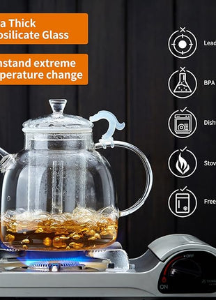 68OZ Glass Teapot, Large Glass Tea Pot With Infuser, Kettle For Stove Top, Tea Cup With Infuser For Loose Leaf Tea Steeper 2000ML, Dishwasher Safe