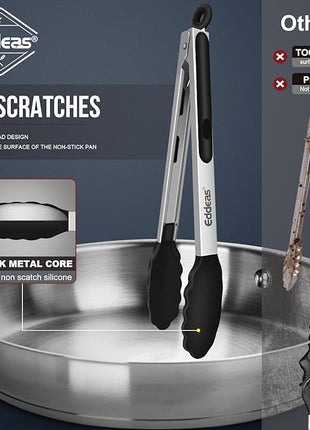 Kitchen Tongs with Silicone Tips, Tongs for Cooking Heat Resistant 600 Degrees Stainless Steel Locking Tong - 7" 9" & 12 inch Silicone Tong Non-Stick, Black Set of 3