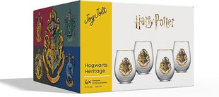 JoyJolt Harry Potter Hogwarts Heritage Stemless Drinking Glasses, 19oz Glass Tumblers, Teardrop Glass Drinking Glasses Set of 4, Hogwarts Cup, Harry Potter Gifts for Adults