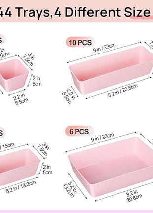 Vtopmart 44 PCS Plastic Drawer Organizers Set, 4-Size Versatile Bathroom and Vanity Organizer Trays, Non-Slip Storage Containers for Makeup, Jewelries, Bedroom，Kitchen Utensils and Office, Pink