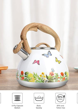 Tea Kettle, Toptier Teapot Whistling Kettle with Wood Pattern Handle Loud Whistle, Food Grade Stainless Steel Tea Pot for Stovetops Induction Water Kettle, 2.7-Quart Butterfly