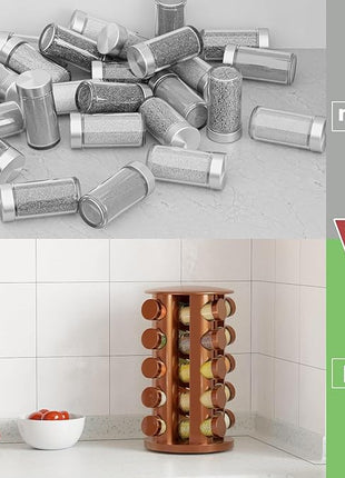 New England Stories Revolving Spice Rack Set with 20 Spice Jars, Kitchen Spice Tower Organizer for Countertop or Cabinet - Carousel Storage Includes 386 Spice Labels (Gold)