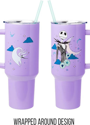 Silver Buffalo Disney Nightmare Before Christmas by Tim Burton Jack Skellington Stainless Steel Tumbler with Handle and Straw, Fits in Standard Cup Holder, 40 Ounces