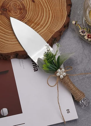 TANG SONG Rustic Style Stainless Steel Wedding Cake Knife and Serving Set Resin Plastic Handle with Artificial Green Leaf shape Design
