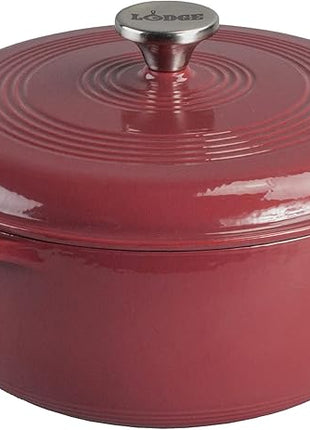 Lodge 6 Quart Enameled Cast Iron Dutch Oven with Lid – Dual Handles – Oven Safe up to 500° F or on Stovetop - Use to Marinate, Cook, Bake, Refrigerate and Serve – Cranberry