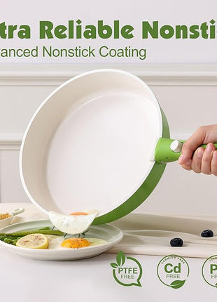 SENSARTE 17 Piece Ceramic Pots and Pans Set, Nonstick Detachable Handle Cookware, Induction Kitchen Cookware Set with Removable Handle, Dishwasher ＆ Oven Safe (Green)