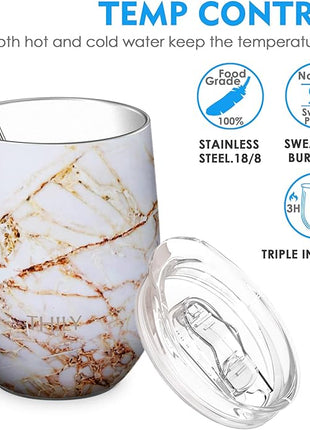 THILY Stainless Steel Insulated Wine Tumblers 12 oz Cute Travel Stemless Glasses with Sliding Lids and Metal Straws, Keep Hot or Cold for Wine, Coffee, Juice, 2 Pack(Gold Marble + Blue Marble)