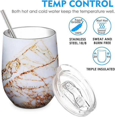 THILY Stainless Steel Stemless Wine Glass Triple Vacuum Insulated Tumbler Travel Cute Cup with Lid, Reusable Straw, Keep Cold & Hot for Wine, Coffee, Xmas Gift, Gold Marble