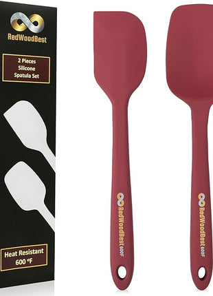 Premium 600F Heat Resistant Silicone Spatula 2 Set Sturdy Handle Created for Cooking, Baking and Mixing, One Piece Design, Non-Stick, Strong Stainless Steel Core (Red Dahlia)