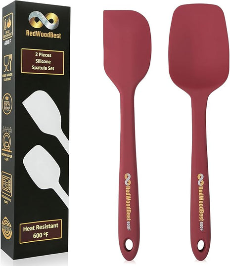 Premium 600F Heat Resistant Silicone Spatula 2 Set Sturdy Handle Created for Cooking, Baking and Mixing, One Piece Design, Non-Stick, Strong Stainless Steel Core (Red Dahlia)
