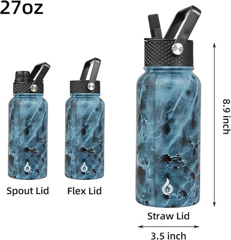 BJPKPK Insulated Water Bottles with Straw Lid, 27oz Stainless Steel Water Bottle with 3 Lids, Leak Proof BPA Free Metal Thermo, Mugs, Tumblers, Keep Cold Hot -Ocean