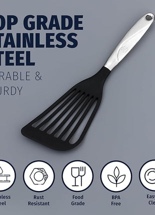 Zulay Kitchen Stainless Steel Fish Spatula - 12.8” Flexible Slotted Turner for Cooking & Frying - Ergonomic Handle, Non-Stick Safe & Dishwasher Safe Kitchen Utensil for Everyday Use
