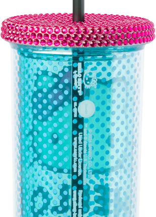 Silver Buffalo Sanrio Hello Kitty Blue Polka Dot Plastic Cold Cup with Rhinestones Lid and Straw, 20 Ounces