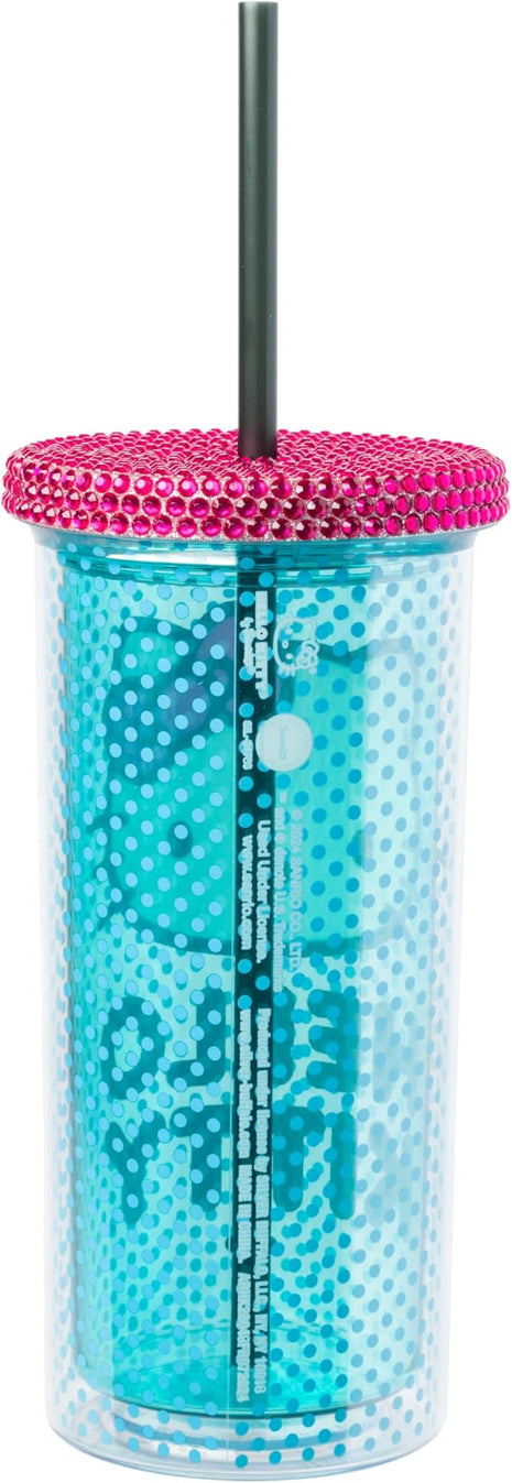 Silver Buffalo Sanrio Hello Kitty Blue Polka Dot Plastic Cold Cup with Rhinestones Lid and Straw, 20 Ounces