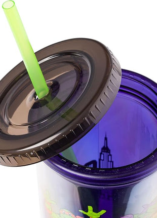 Silver Buffalo Teenage Mutant Ninja Turtles TMNT Featuring Leonardo, Raphael, Donatello, and Michelangelo Plastic Tall Cold Cup with Lid and Straw, 20 Ounces