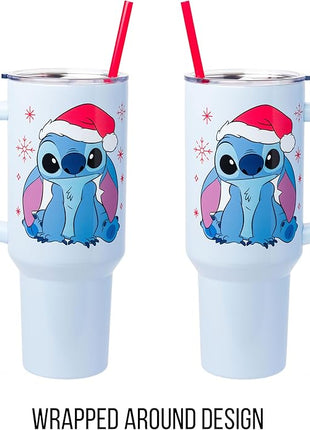 Silver Buffalo Disney Lilo and Stitch Christmas Holiday Santa Hat and Snowflakes Stainless Steel Tumbler with Handle and Straw, Fits in Standard Cup Holder, 40 Ounces