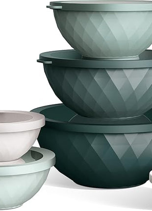 COOK WITH COLOR Mixing Bowls with Lids - 12 Piece Plastic Nesting Bowls Set includes 6 Prep Bowls and 6 Lids, Diamond Design - Microwave Safe, Green
