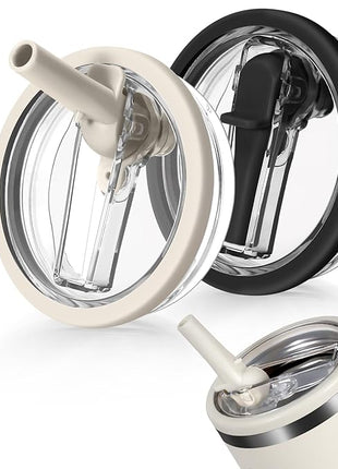 40oz Flip Straw Leak Proof Lid for Stanley H2.0 Quencher Protour Tumbler, 2 Pack Spill Proof Lid Replacement Straw Cover Top for 40 OZ Stanley Cup Accessories (Beige,Black)