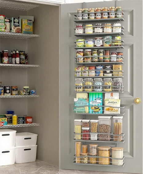 Moforoco Grey 9-Tier Over The Door Pantry Organizer, Pantry Organization and Storage, Black Hanging Basket Wall Spice Rack Seasoning Shelves