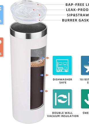 HASLE OUTFITTERS 20 oz Skinny Tumblers Bulk Set, Stainless Steel Insulated Slim Tumblers with Lids, Reusable Double Wall Travel Coffee Mugs, Durable Powder Coated Travel Water Cups(White, 4)