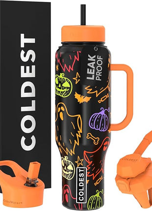 Coldest Tumbler with Handle and Straw, 100% Leak Proof Insulated Tumbler with Lid and Straw (3 Lids), Stainless Steel Tumblers for Women & Men, Cup Holder Friendly Base, 46 oz (Eerie-sistible)