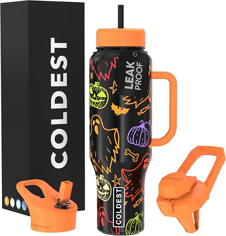 Coldest Tumbler with Handle and Straw, 100% Leak Proof Insulated Tumbler with Lid and Straw (3 Lids), Stainless Steel Tumblers for Women & Men, Cup Holder Friendly Base, 46 oz (Eerie-sistible)