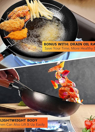 Carbon Steel Wok Pan, 14 Piece Woks & Stir-Fry Pans Set with Wooden Lid Cookwares, No Chemical Coated Flat Bottom Chinese Pan for Induction, Electric, Gas, Halogen All Stoves - 12.6''