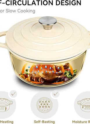 Miereirl 4.5 Quart Enameled Dutch Oven Pot with Lid, Cast Iron Dutch Oven with Dual Handles for Bread Baking, Cooking, Non-stick Enamel Coated Cookware (Beige)