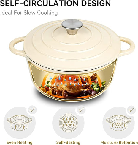 Miereirl 4.5 Quart Enameled Dutch Oven Pot with Lid, Cast Iron Dutch Oven with Dual Handles for Bread Baking, Cooking, Non-stick Enamel Coated Cookware (Beige)