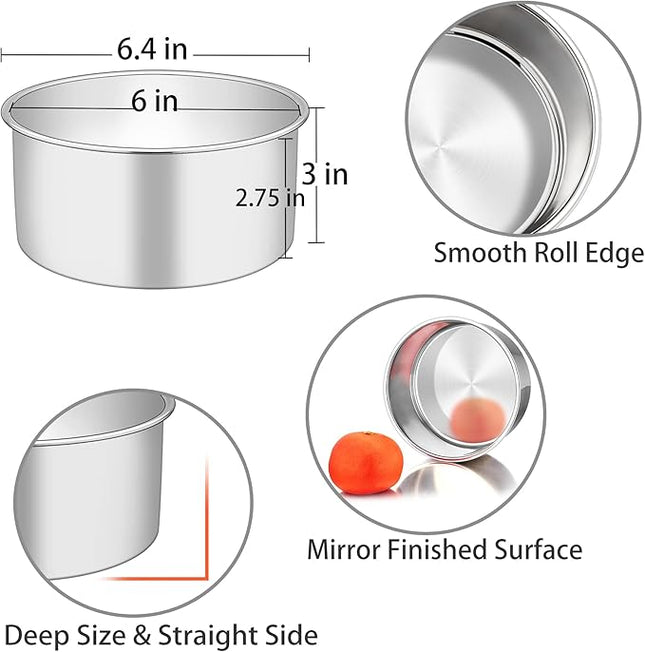 TeamFar 6 Inch Cake Pan, 6” x 3” Deep Round Cake Pan Tier Baking Pans Set Stainless Steel, For Baking Steaming Serving, Healthy & Toxic Free, Deep & Straight Size, Oven & Dishwasher Safe - Set of 4